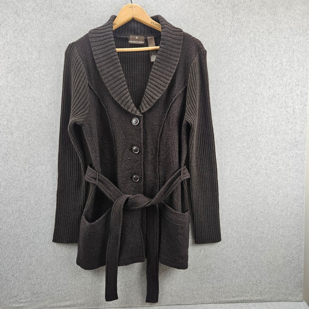 FENN WRIGHT MANSON Cardigan Women L Brown Wool Blend Belted Shawl Ribbed Warm